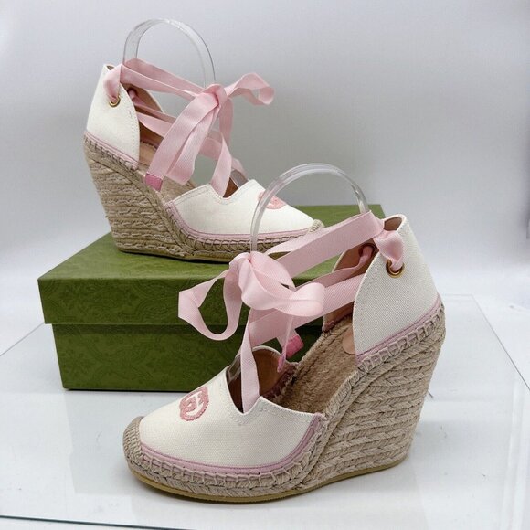 GUCCI INTERLOCKING G Platform Wedge ESPADRILLE Pink RIBBON TIE EU 40/ US 10 - Picture 2 of 12